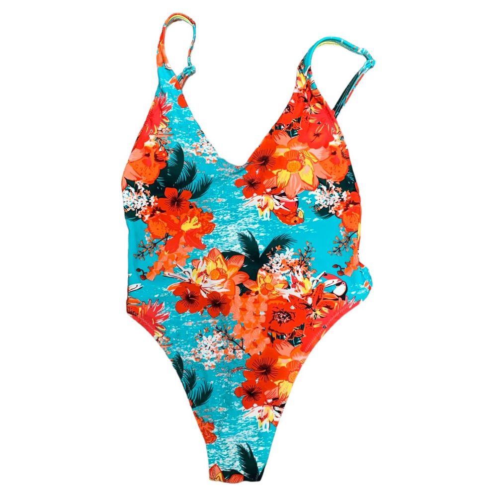 RELLECIGA One Piece Swimsuit, Blue & Red Floral / Tropical, Medium, NWT